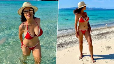 Salma Hayek Rings in Her 57th Birthday on the Beach in Hot Red and White Knitted Bikini (View Pics)