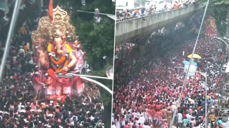 Lalbaugcha Raja Visarjan 2023 Video: Devotees Brave Mumbai Rain to Join Procession as Lord Ganesh Idol From Mumbai's Famous Ganpati Pandal Being Taken for Immersion