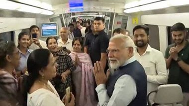 PM Narendra Modi Inaugurates Delhi Airport Metro Express Line From Dwarka Sector 21 to New Metro Station ’YashoBhoomi Dwarka Sector 25', Takes Train Ride (Watch Video)