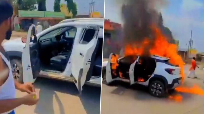 Maratha Reservation Protest: Sarpanch Sets His New Car Ablaze in Protest Against Lathi-Charge On Protestors in Jalna, Video Surfaces