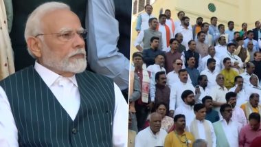 PM Narendra Modi, Other Members of Parliament Gather for Group Photo Session Ahead of Parliament Session in New Building (Watch Videos)