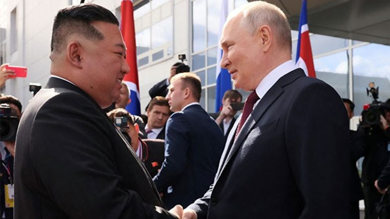 Russian President Vladimir Putin, North Korean Leader Kim Jong Un Meet at Space Centre in Far East Region (Watch Video)