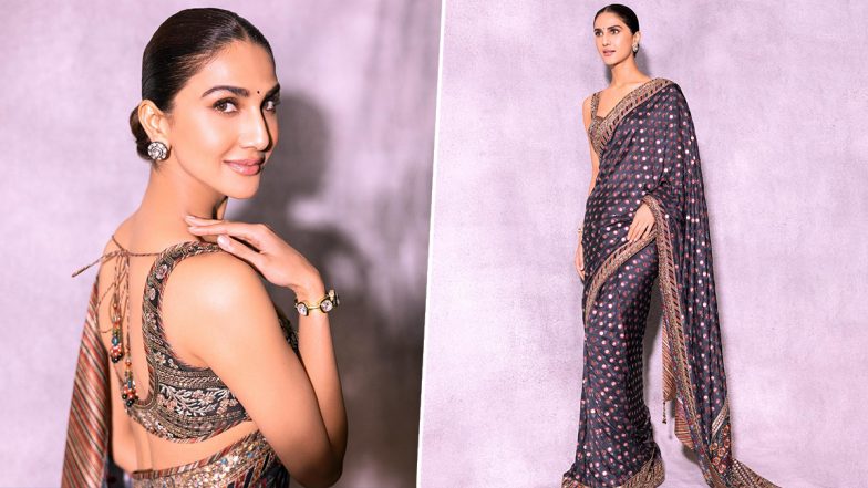 Vaani Kapoor Stuns in Deep Blue Polka Dot Embellished Saree With Matching Embroidered Blouse