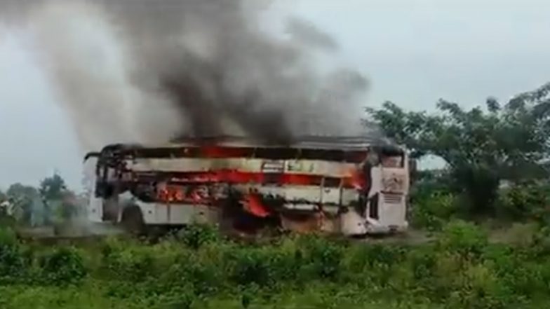 Bus Catches Fire in Madhya Pradesh Videos: Sleeper Bus Goes Up in Flames Reportedly After Tyre Burst Near Chaurai, All Passengers Safe