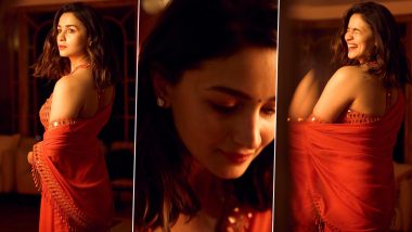 Alia Bhatt Stuns in Ravishing Red Saree With a Halter Neck Mirror Work Blouse (View Pics)