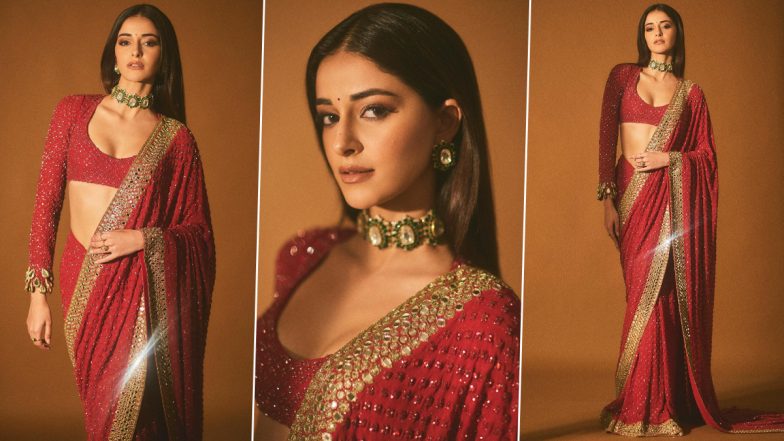 Ananya Panday Looks Oh-So Gorgeous in Red Mirror Work Saree Paired With Beautiful Choker (View Pics)