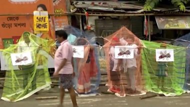 Dengue Outbreak in West Bengal: Congress Workers Protest Against Rising Dengue Cases in Kolkata Using Mosquito Nets (Watch Video)