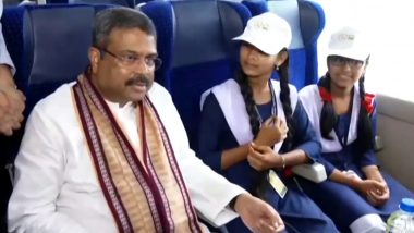 Dharmendra Pradhan Interacts With Students While Travelling From Bhubaneswar to Angul in Odisha's Second Vande Bharat Express Train (Watch Video)