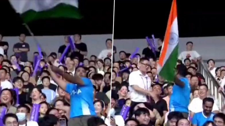 Fan Continues to Wave Indian Flag Despite Stadium Official in Hangzhou Stopping him During China vs India Asian Games 2023 Football Match, Video Emerges