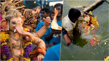 Ganesh Visarjan 2023: Amid Chants of 'Ganpati Bappa Morya', Ganpati Idol Immersion Processions Begin in Mumbai as Devotees Bid Farewell to Their Favourite Deity (Watch Videos)