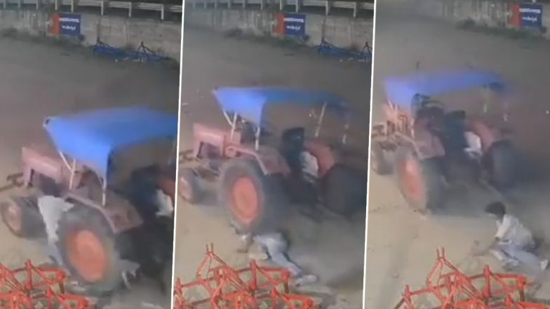 Gujarat Tractor Theft Gone Wrong: Thief Accidentally Run Over While Attempting to Steal Vehicle in Modasa, Video Goes Viral