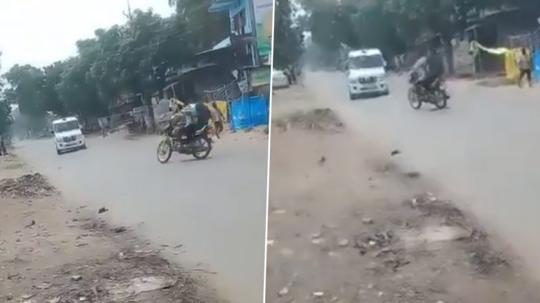 Uttar Pradesh Road Accident Video: Police Vehicle of Governor Anandiben Patel’s Convoy Collides With Bike in Gorakhpur, Two Injured