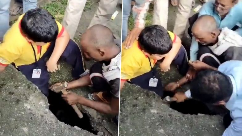 Uttar Pradesh: Child’s Leg Gets Stuck Between Stones in Empty Drainage Ditch in Lucknow, Viral Video Surfaces