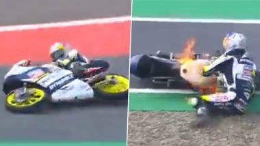 MotoGP Bharat 2023: Bike Skids, Catches Fire During Race in Greater Noida (Watch VIdeo)