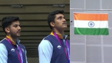 Rudrankksh Patil, Aishwary Pratap Tomar and Divyansh Panwar Sing National Anthem As Indian Flag Is Raised After Their Gold Medal Win in Asian Games 2023 (Watch Video)