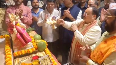 Ganeshotsav 2023: JP Nadda Offers Prayers to Lord Ganesha at Shreemant Dagdusheth Halwai Ganpati Mandir in Pune (Watch Video)