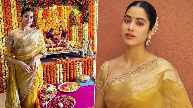 Ganesh Chaturthi 2023: Janhvi Kapoor Looks Absolutely Stunning in Yellow Satin Organza Saree! (View Pics)