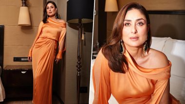 Kareena Kapoor Khan Glows in Orange Colour Satin Plain High Slit Gown (View Pics)