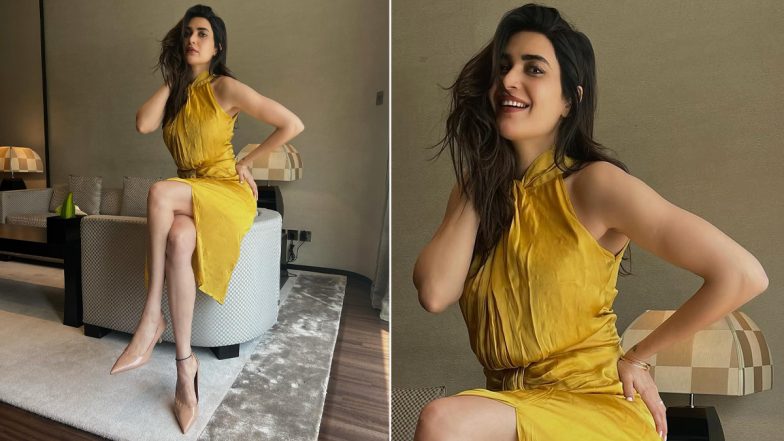 Karishma Tanna Looks Gorgeous in Mustard Halter Neck Satin Dress (View Pics)