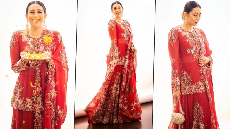 Karisma Kapoor's Red Sharara Suit for Ganesh Chaturthi Celebrations Is Fab Festive Fashion (View Pics)