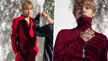 BTS V aka Kim Taehyung Looks Handsome in Red Blazer Suit and Maroon Turtleneck Top, K-Pop Idol Shares Stylish Snaps From Latest Photoshoot
