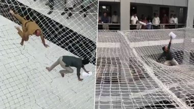 Mantralaya Suicide Attempt Video: Man Jumps From Second Floor of Maharashtra Government Headquarters Building in Mumbai, Falls on Safety Net