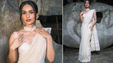 Manushi Chhillar's Chikankari Saree Paired With Bralette Blouse and Pearl Choker Is Ethnic Fashion Done Right (View Pics)