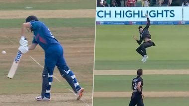 Trent Boult Strikes! Mitchell Santner Grabs Stunner to Dismiss Jonny Bairstow As Kiwi Pacer Induces Leading Edge During ENG vs NZ 2nd ODI 2023 (Watch Video)