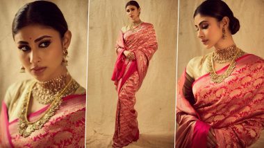 Mouni Roy Looks Drop-Dead Gorgeous in Pink Banarasi Silk Saree Paired With Exquisite Neckpiece (View Pics)