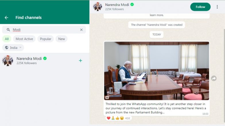 'Thrilled to Join Community': PM Narendra Modi Now on WhatsApp Channels, Shares Picture of New Parliament Building