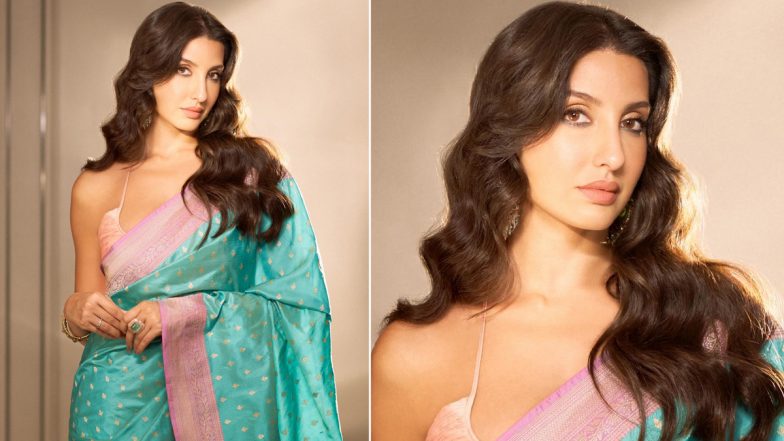 Nora Fatehi Oozes Charm in Breathtaking Turquoise Banarasi Silk Saree (View Pics)