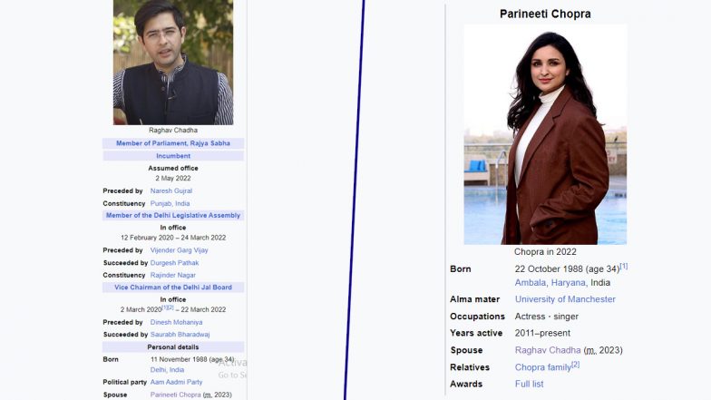 Parineeti Chopra and Raghav Chadha Are Married to Each Other, Declares Wikipedia!