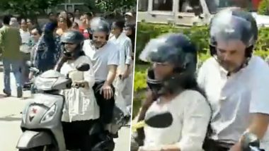 Rahul Gandhi Rides Pillion on a Girl's Scooter After Distributing Two-Wheelers to Meritorious Students at Maharani College in Jaipur (Watch Video)