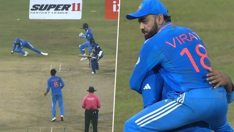 Bromance! Virat Kohli Hugs Rohit Sharma After Indian Captain Takes Diving Catch At Slip Off Ravindra Jadeja During IND vs SL Asia Cup 2023 Match (Watch Video)