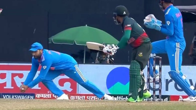 Rohit Sharma Completes 200 Catches in International Cricket With Sensational Effort To Dismiss Mehidy Hasan Miraz During IND vs BAN Asia Cup 2023 Match (Watch Video)