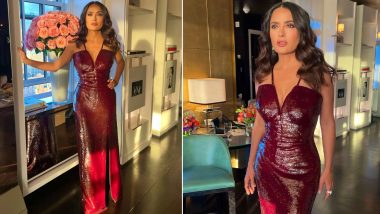 Salma Hayek Looks Absolutely Gorgeous in Red Thigh-Slit Sequin Dress (View Pics)