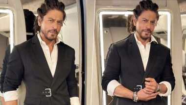 Jawan Success Press Meet: Shah Rukh Khan Looks Dapper in a Black Suit and Rocks Half Man Bun (View Pics)