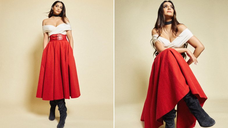 Sexy! Sonam Kapoor Slays in Red and White Off-Shoulder Gown and Black Boots (View Pics)