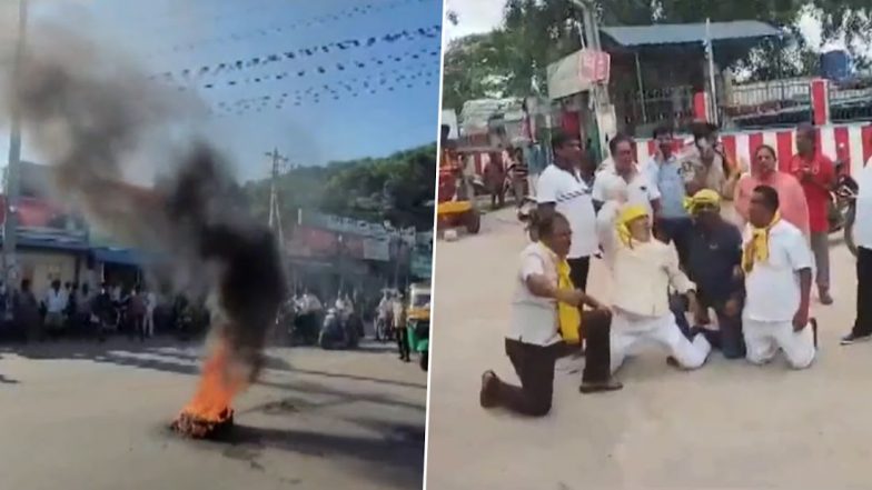 N Chandrababu Naidu Arrest: TDP Leaders and Workers Stage Protest Against Former Andhra Pradesh CM's Arrest in Tirupati (Watch Videos)