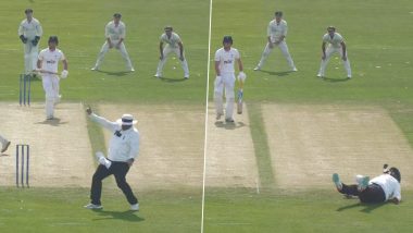 Umpire Hilariously Falls Over While Trying to Evade Ball During Yorkshire vs Derbyshire County Championship 2023 Clash (Watch Video)