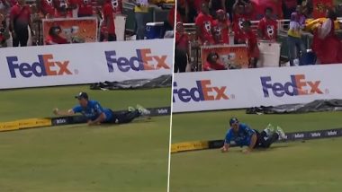 Peter Hatzoglou Pulls Off Stunning Catch To Dismiss Mark Deyal During Trinbago Knight Riders vs Saint Lucia Kings CPL 2023 Match (Watch Video)