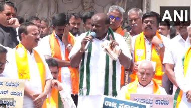 Cauvery Water Sharing Dispute: JDS Leader HD Kumaraswamy Joins BJP Protest Against Karnataka Government on Cauvery Water Release (Watch Video)