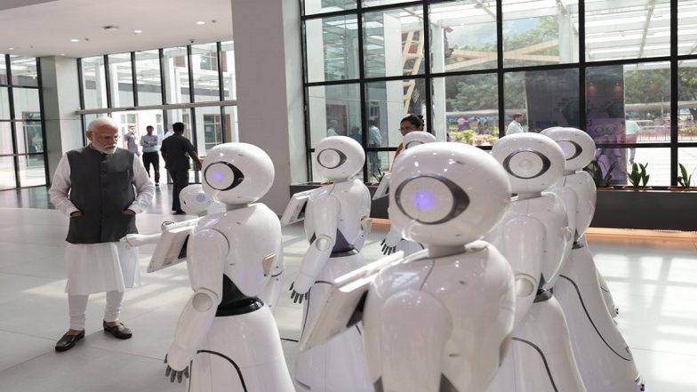 PM Narendra Modi Visits Robot Exhibition at Science City in Gujarat’s Ahmedabad, Inaugurates Vibrant Gujarat Global Summit 2023 (Watch Video)