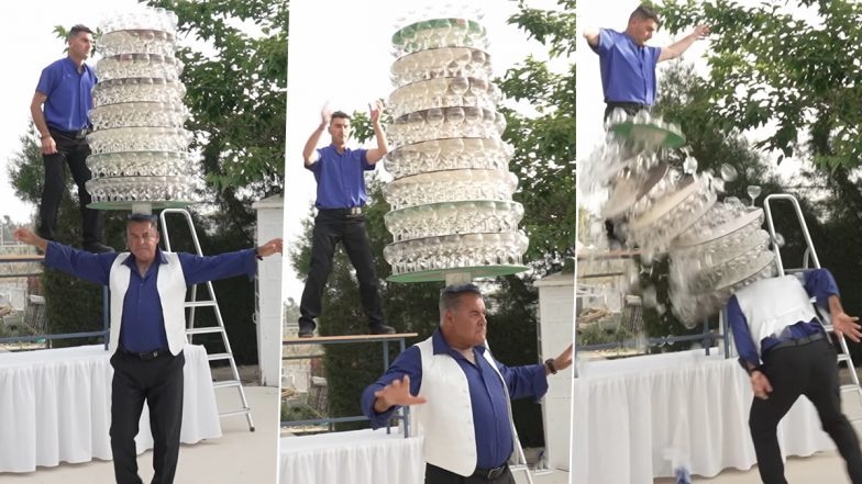 Most Wine Glasses Balanced On Head is 319, Guinness World Record Achieved by Aristotelis Valaoritis From Cyprus (Watch Video)