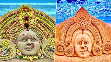 Durga Puja 2023 Sand Art Video: Indian Artist Makes Beautiful Maa Durga Sculpture Decorated With Fruits and Vegetables To Extend Pujo Greetings (Watch)