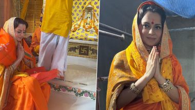 Tejas: Kangana Ranaut Exudes Grace in Bright Orange Saree As She Prays for Her Film’s Success at Ram Mandir in Ayodhya (See Pics & Watch Video)