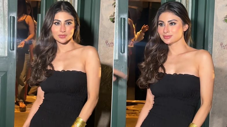 Mouni Roy Exudes Elegance in Sleek Black Flowy Dress and Golden Bangles (Watch Video)