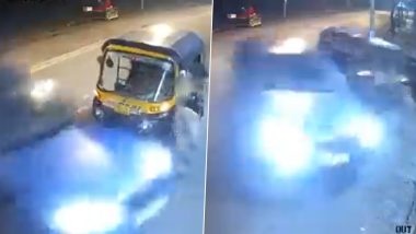 Mumbai Road Accident Video: Out-of-Control Car Collides With Autorickshaw in Goregaon, Terrifying Visuals Surface