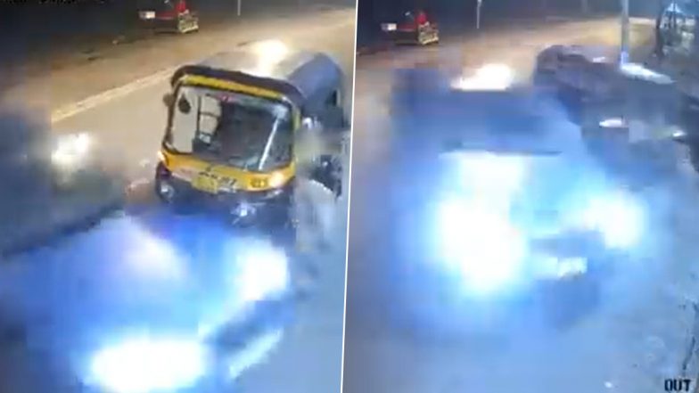 Mumbai Road Accident Video: Out-of-Control Car Collides With Autorickshaw in Goregaon, Terrifying Visuals Surface