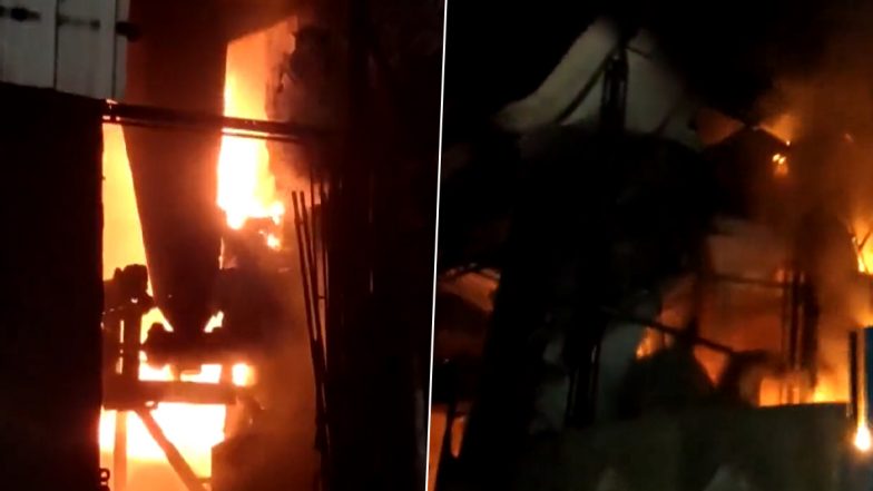 Maharashtra Fire Video: Blaze Erupts at Maharashtra Dying Factory in Bhiwandi Due to Boiler Explosion, No Casualties Reported